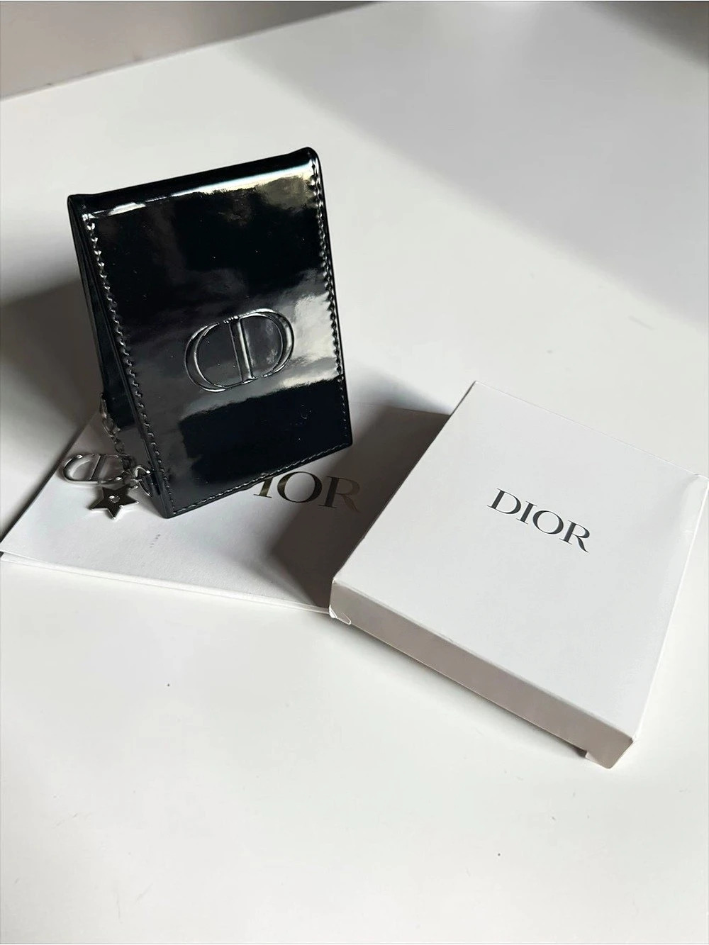 Authentic Dior Beauty GWP Black Patent Foldout Pocket Mirror and Card Holder NEW
